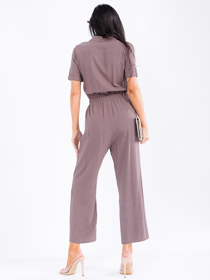 WOMEN'S SHORT SLEEVE BUTTON UP POCKETS WIDE LEG JUMPSUIT