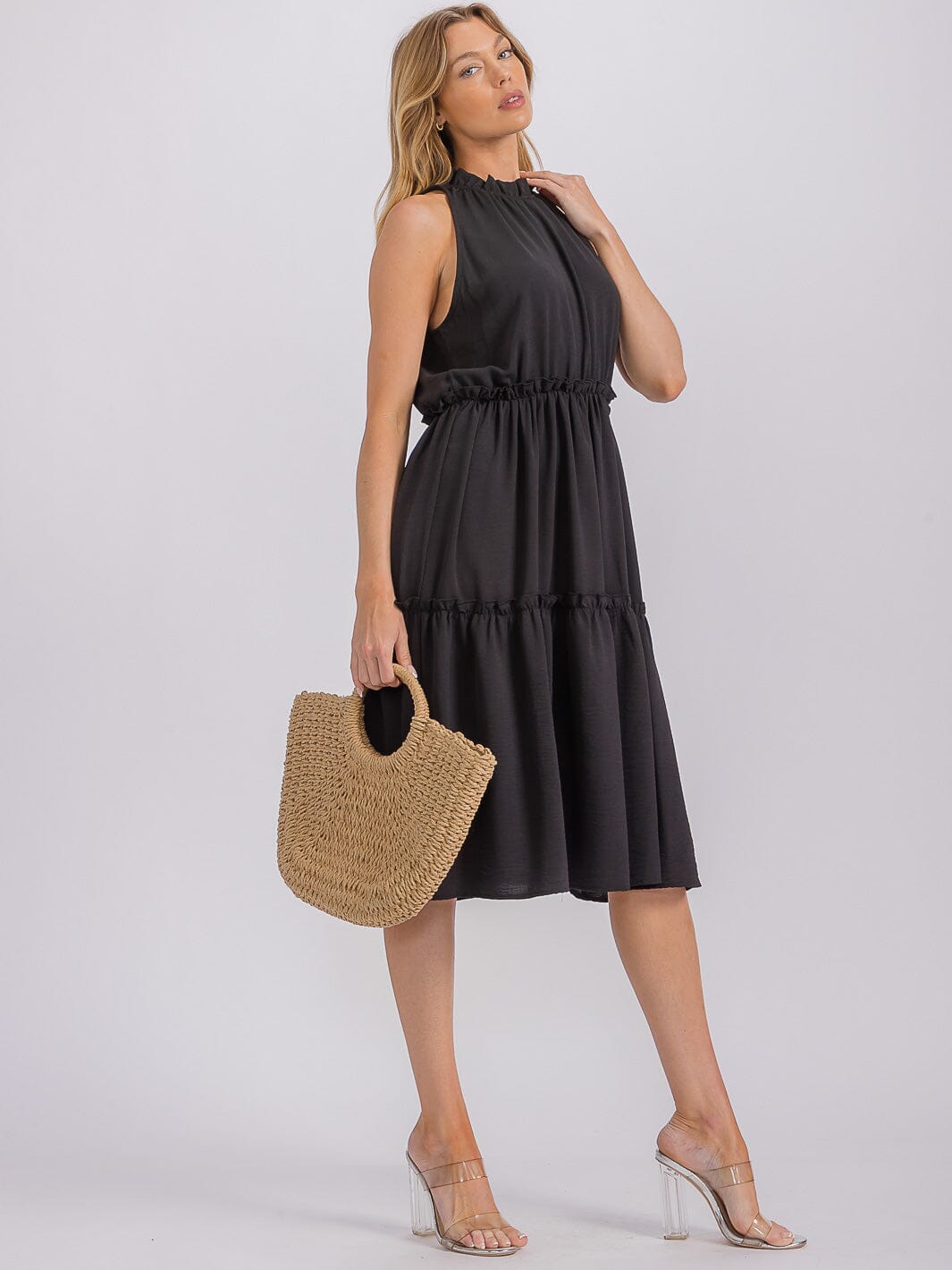 WOMEN'S SLEEVELESS MOCK NECK ELASTIC WAIST TIERED MIDI DRESS