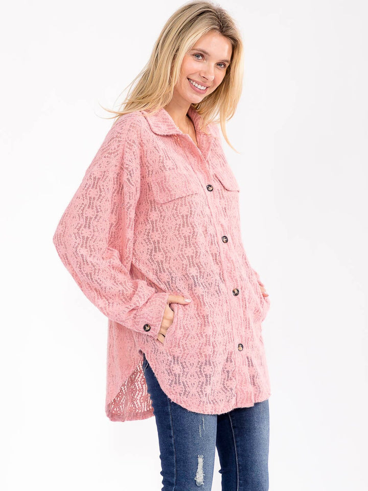 WOMEN'S LONG SLEEVE V-NECK FRONT POCKETS LACE TOP