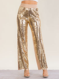 WOMEN'S ELASTIC WAIST RIBBED SEQUINS WIDE LEG PANTS
