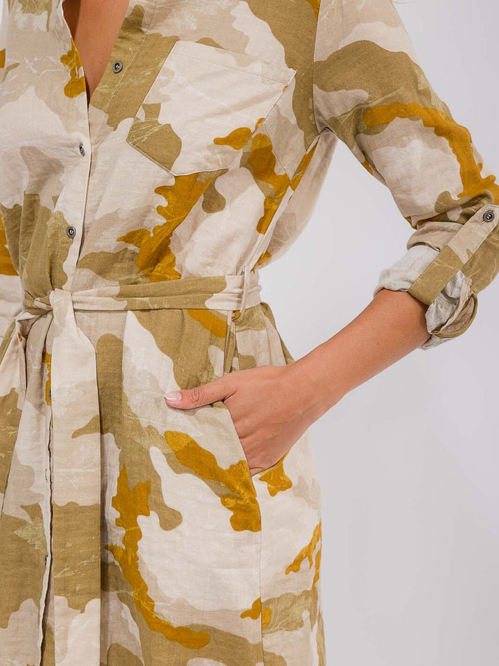 WOMEN'S LONG SLEEVE BUTTON UP FRONT POCKETS SELF TIE CAMO PRINT MINI DRESS