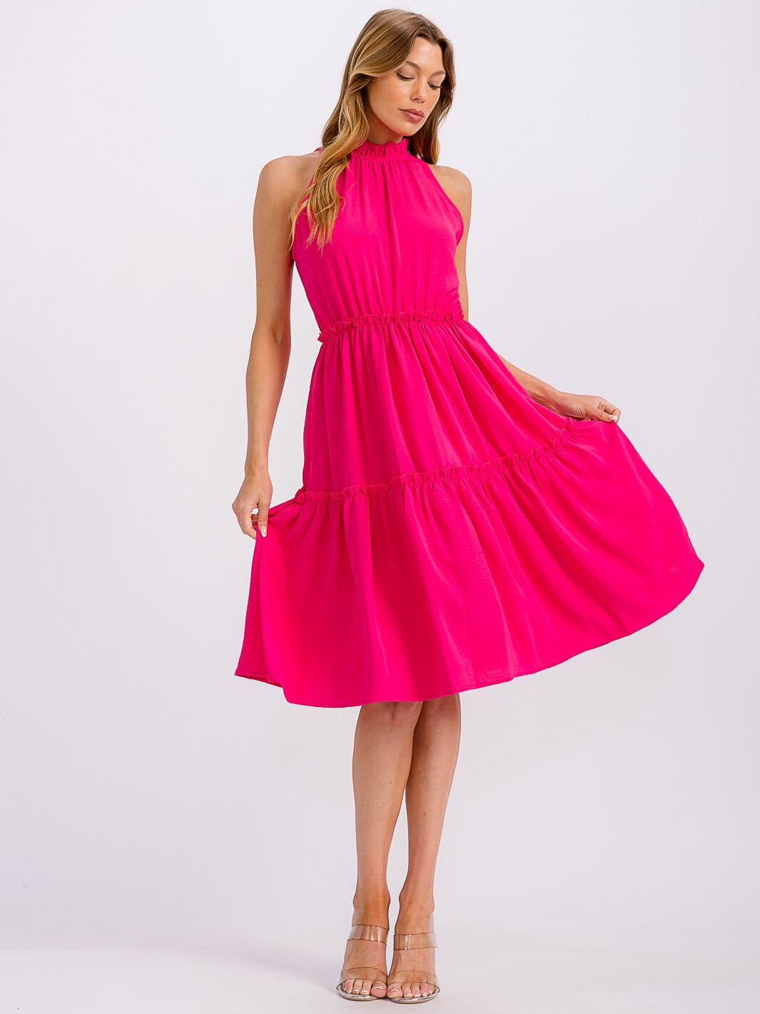 WOMEN'S SLEEVELESS MOCK NECK ELASTIC WAIST TIERED MIDI DRESS