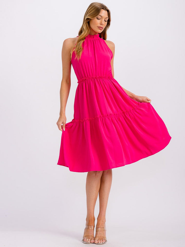 WOMEN'S SLEEVELESS MOCK NECK ELASTIC WAIST TIERED MIDI DRESS