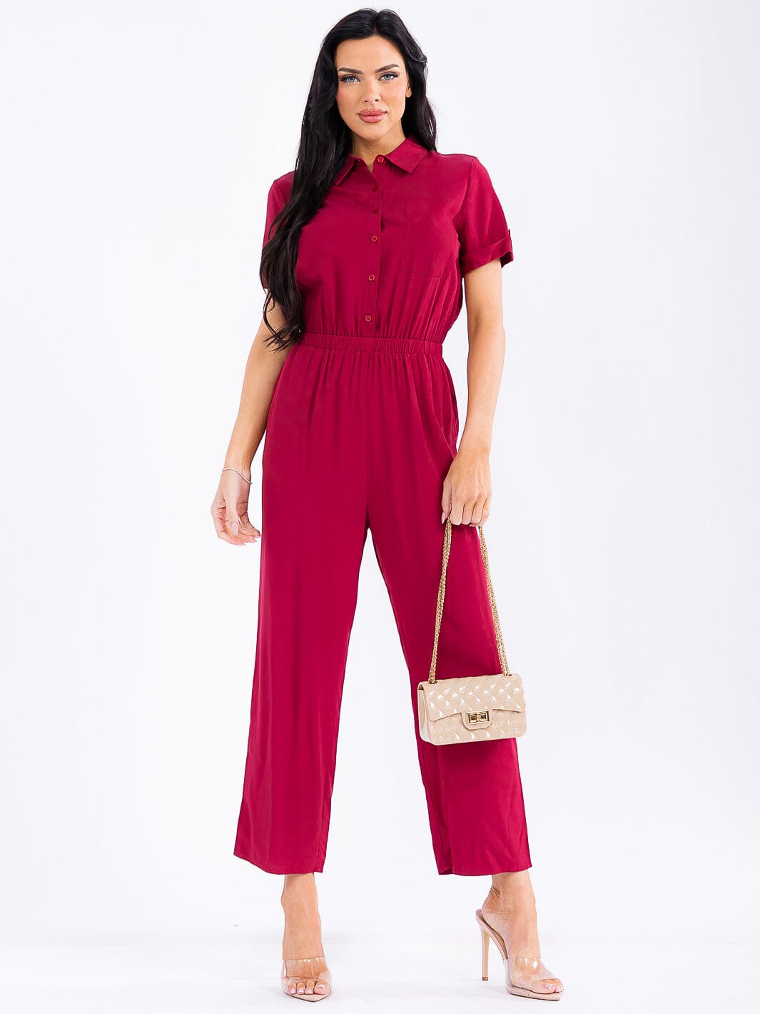 WOMEN'S SHORT SLEEVE BUTTON UP POCKETS WIDE LEG JUMPSUIT