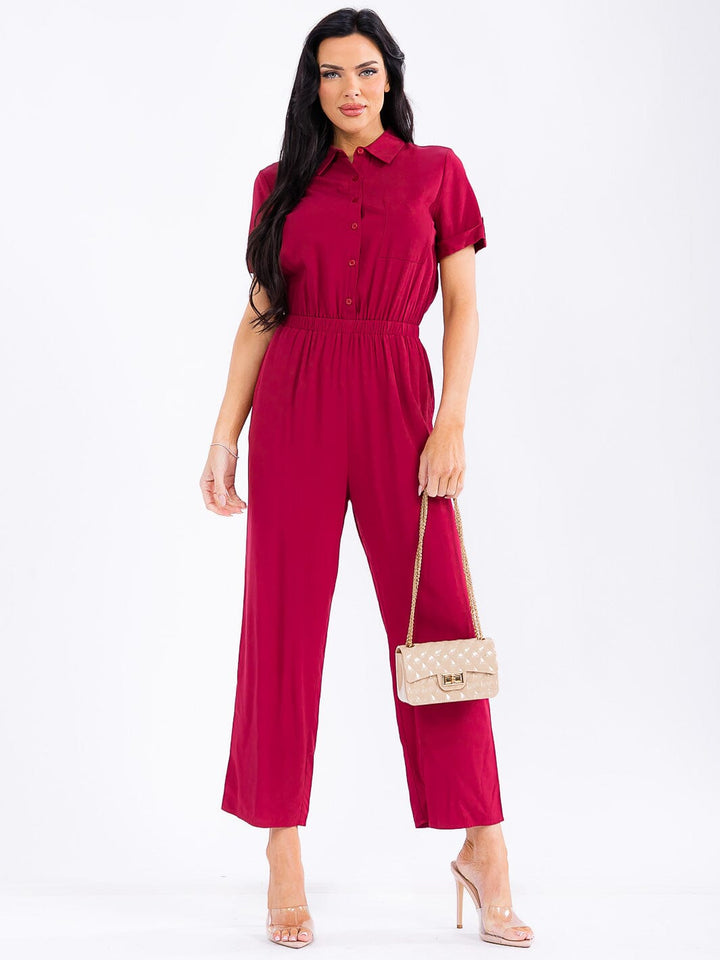 WOMEN'S SHORT SLEEVE BUTTON UP POCKETS WIDE LEG JUMPSUIT