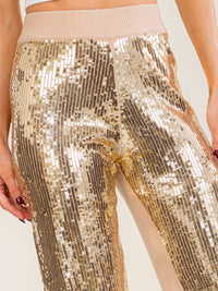 WOMEN'S ELASTIC WAIST RIBBED SEQUINS WIDE LEG PANTS