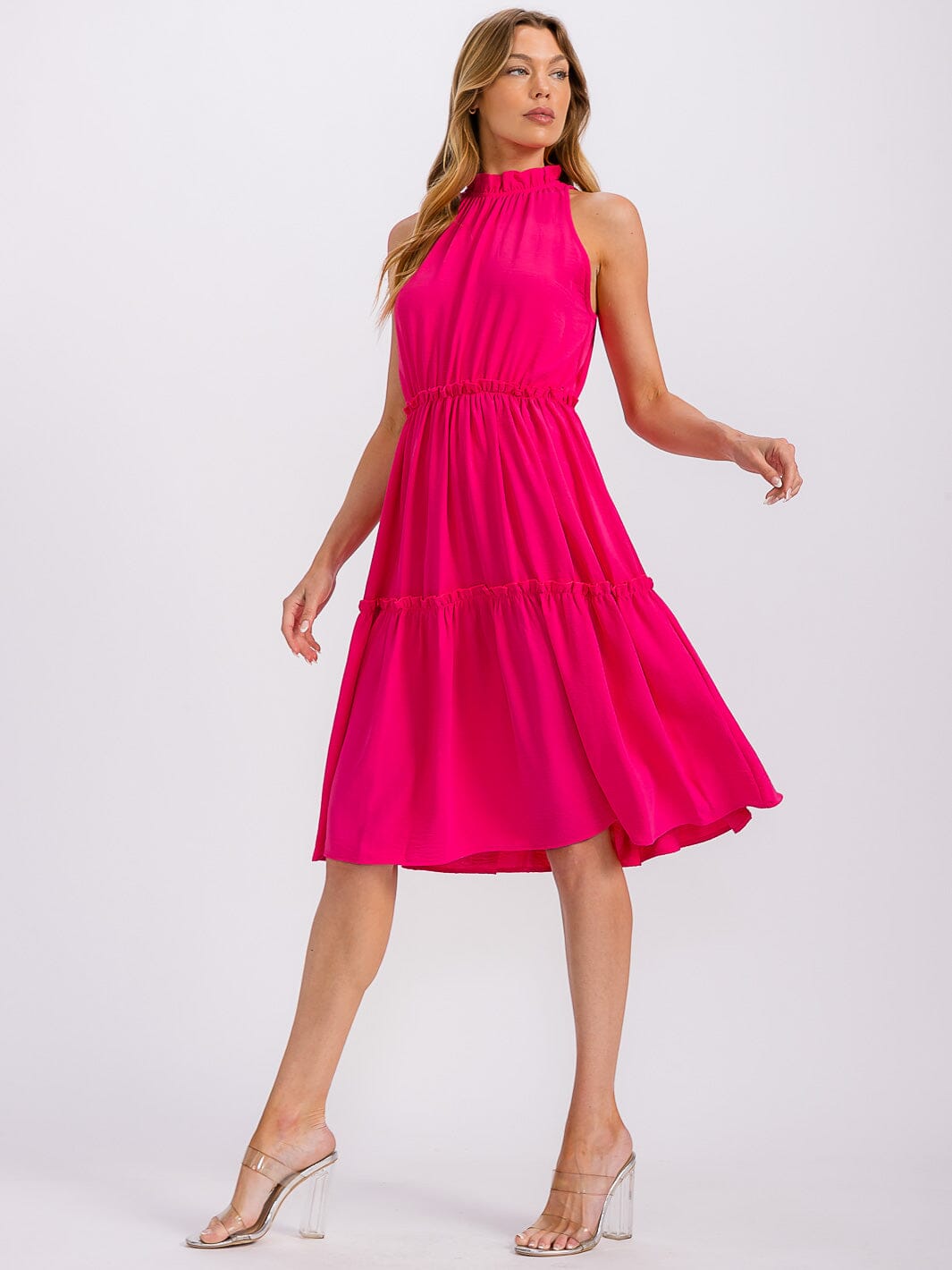 WOMEN'S SLEEVELESS MOCK NECK ELASTIC WAIST TIERED MIDI DRESS