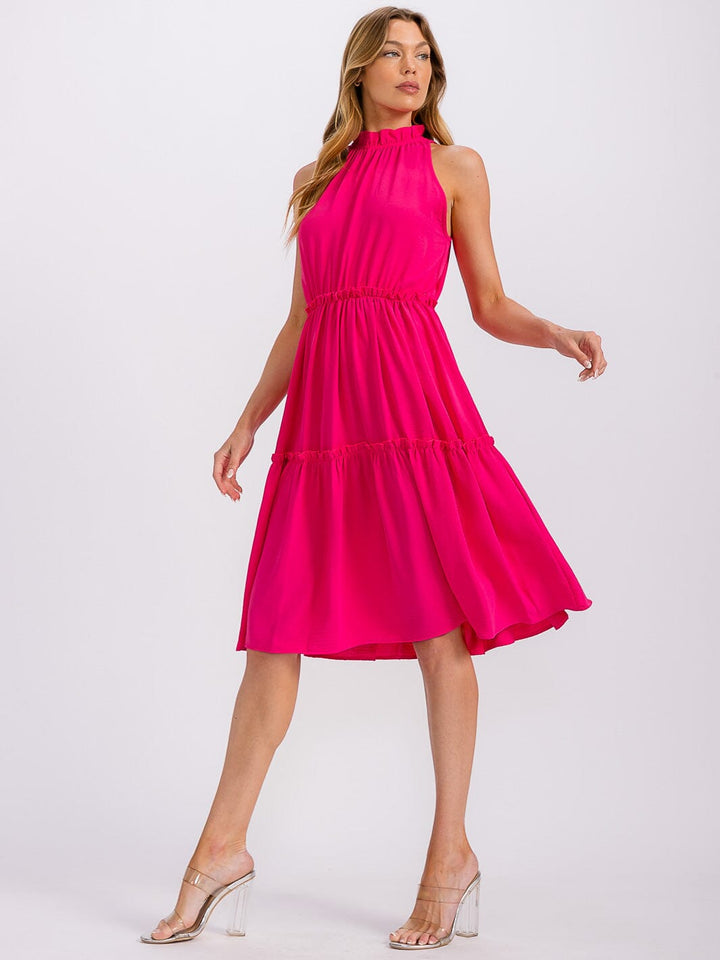 WOMEN'S SLEEVELESS MOCK NECK ELASTIC WAIST TIERED MIDI DRESS