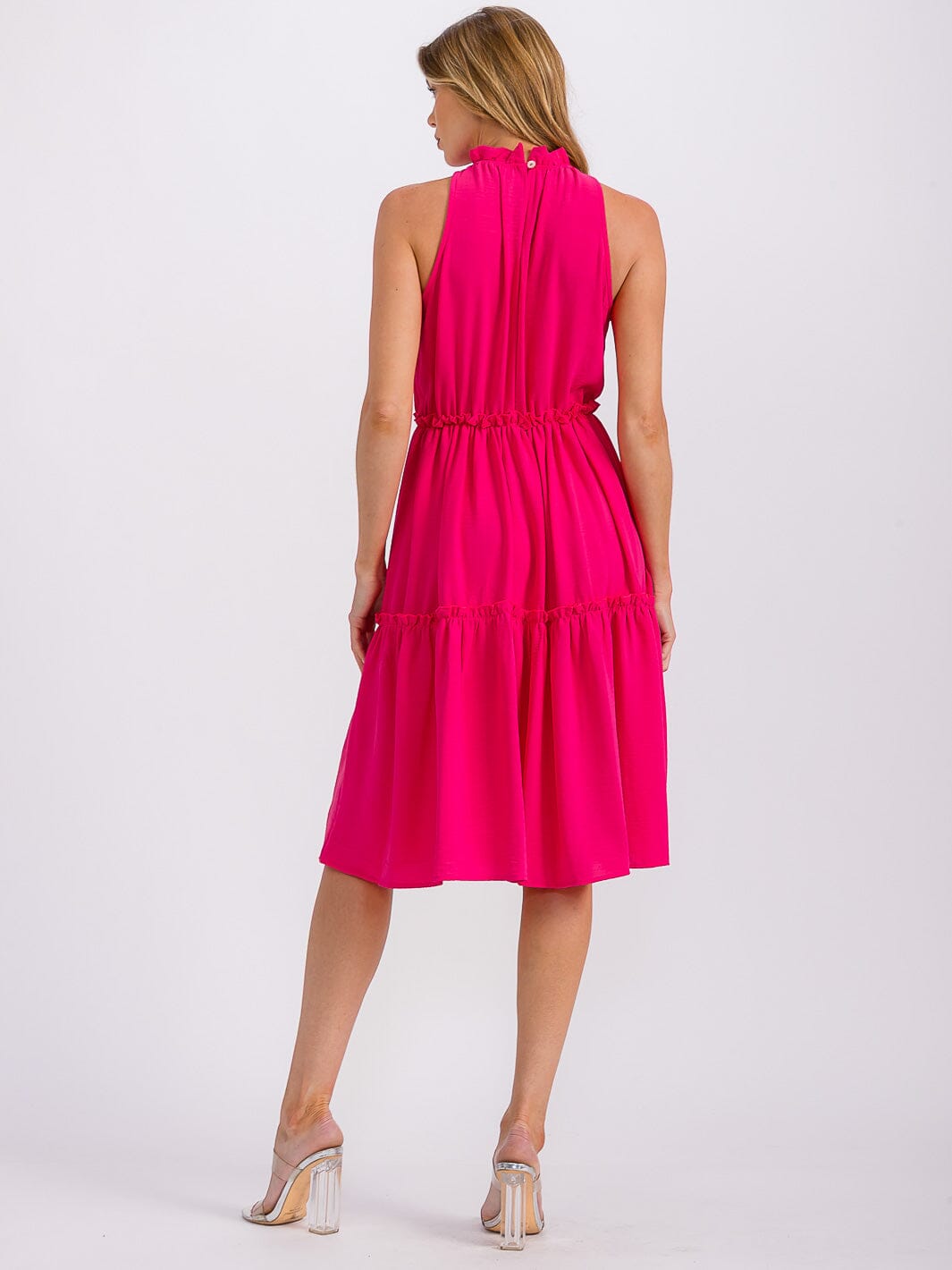 WOMEN'S SLEEVELESS MOCK NECK ELASTIC WAIST TIERED MIDI DRESS