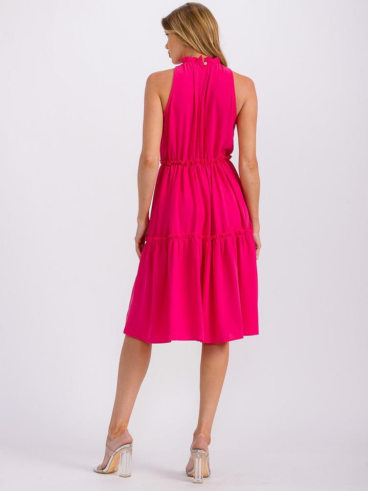 WOMEN'S SLEEVELESS MOCK NECK ELASTIC WAIST TIERED MIDI DRESS