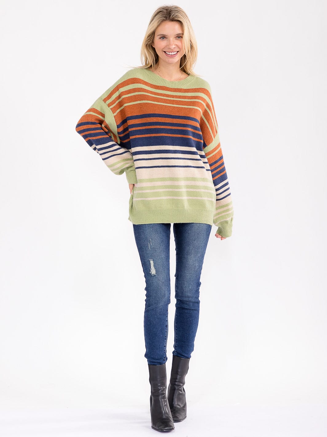 WOMEN'S LONG SLEEVE COLORBLOCK STRIPES PULLOVER SWEATER
