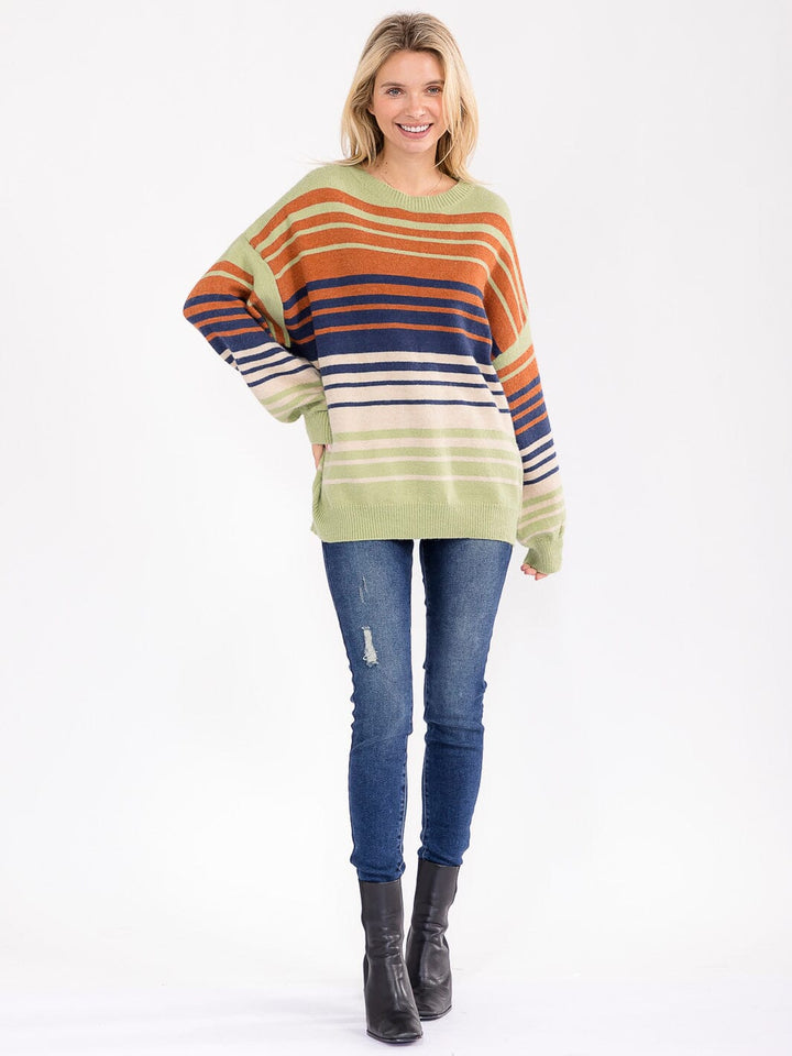 WOMEN'S LONG SLEEVE COLORBLOCK STRIPES PULLOVER SWEATER