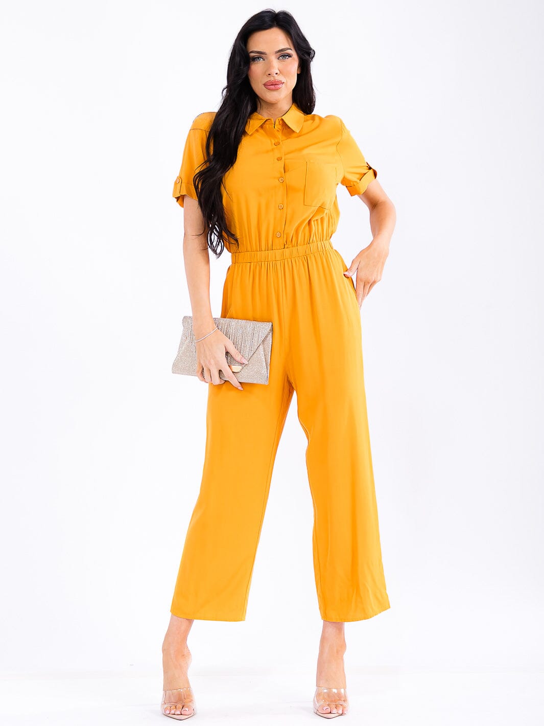 WOMEN'S SHORT SLEEVE BUTTON UP POCKETS WIDE LEG JUMPSUIT