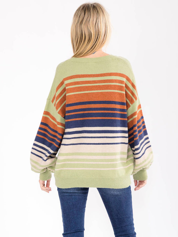 WOMEN'S LONG SLEEVE COLORBLOCK STRIPES PULLOVER SWEATER