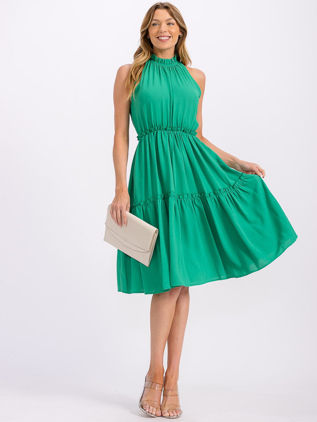 WOMEN'S SLEEVELESS MOCK NECK ELASTIC WAIST TIERED MIDI DRESS