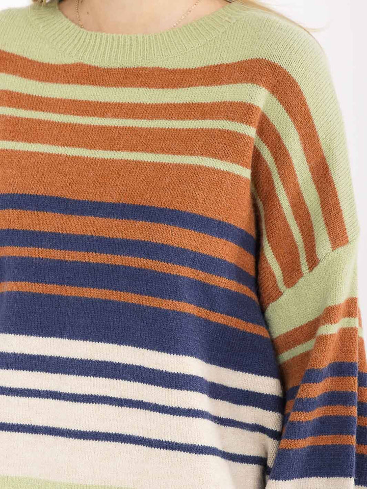 WOMEN'S LONG SLEEVE COLORBLOCK STRIPES PULLOVER SWEATER