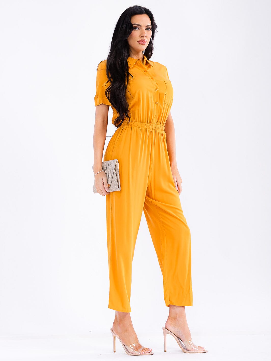 WOMEN'S SHORT SLEEVE BUTTON UP POCKETS WIDE LEG JUMPSUIT