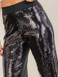 WOMEN'S ELASTIC WAIST RIBBED SEQUINS WIDE LEG PANTS