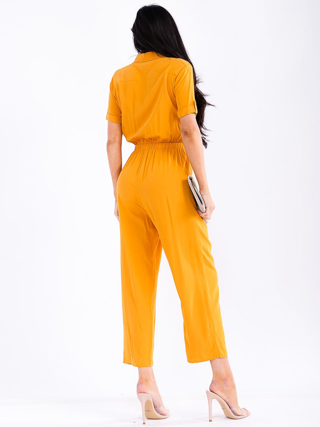 WOMEN'S SHORT SLEEVE BUTTON UP POCKETS WIDE LEG JUMPSUIT
