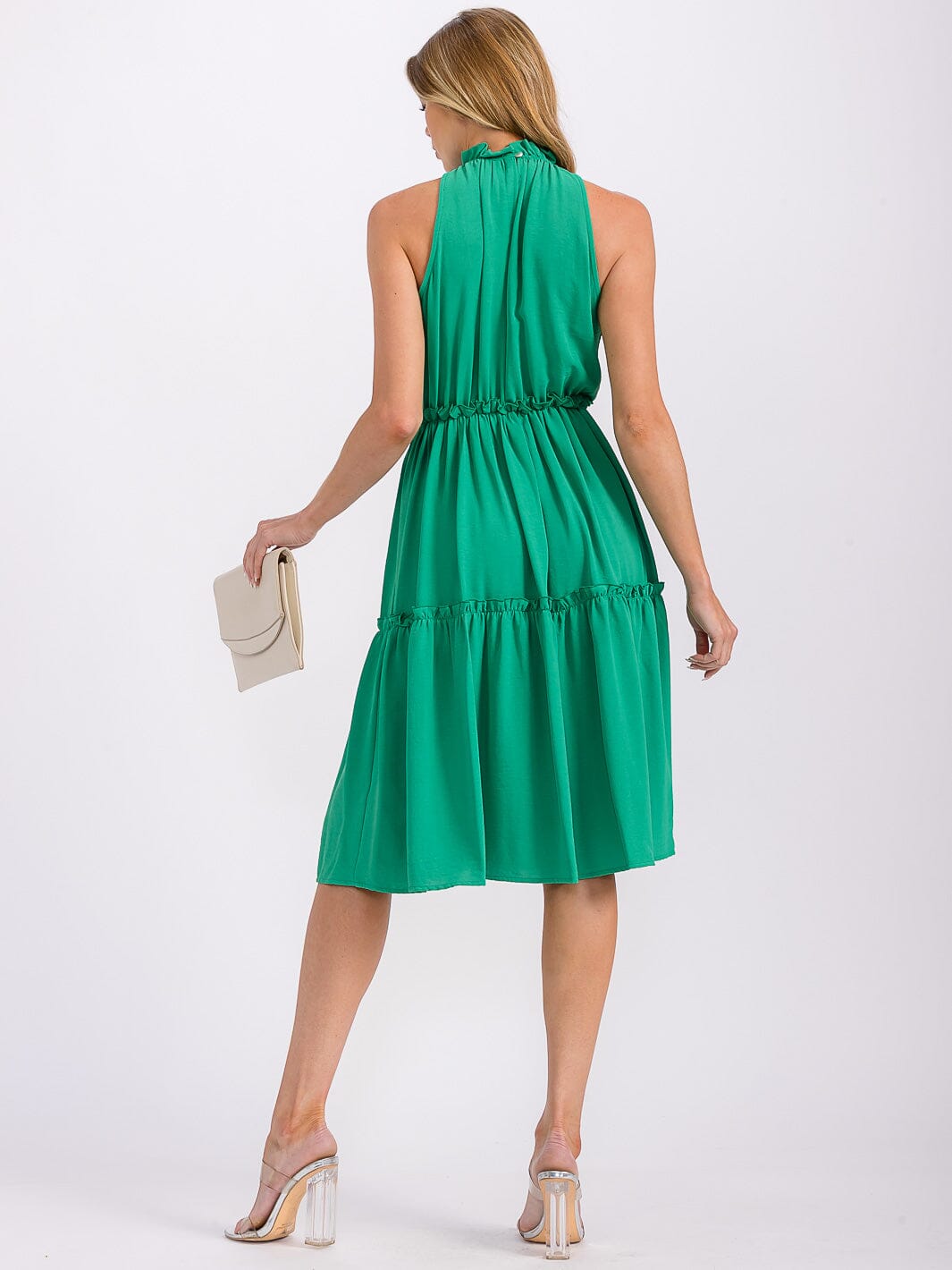 WOMEN'S SLEEVELESS MOCK NECK ELASTIC WAIST TIERED MIDI DRESS