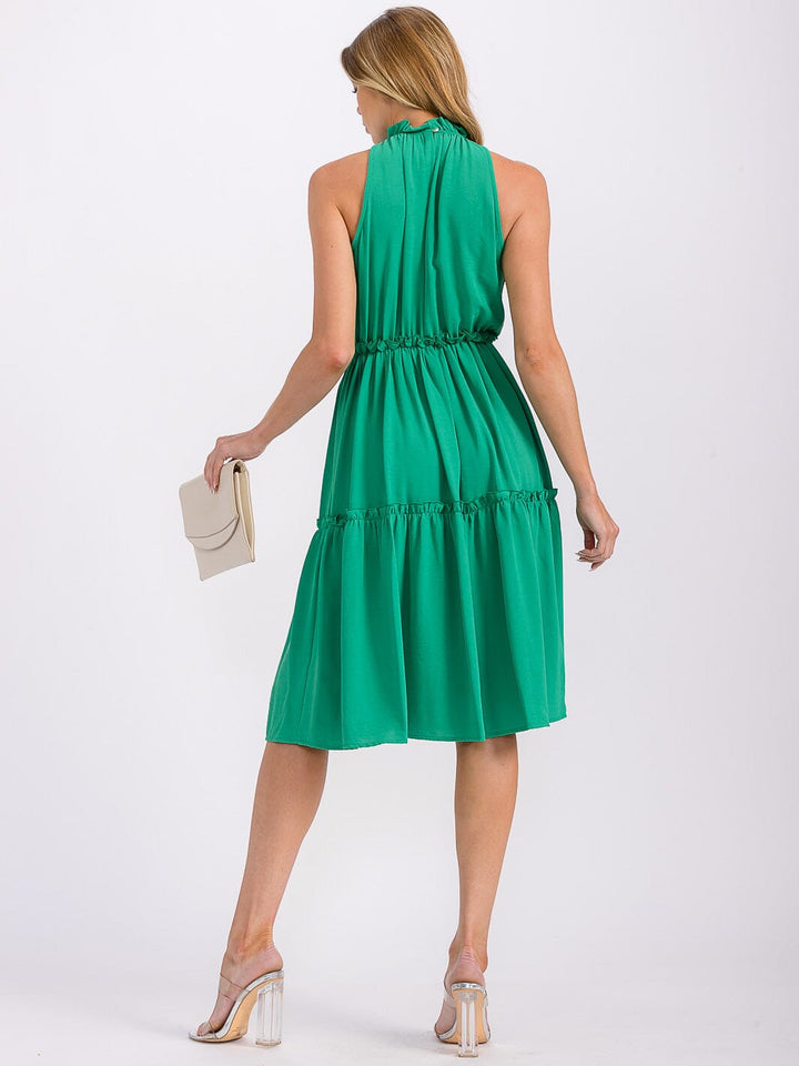 WOMEN'S SLEEVELESS MOCK NECK ELASTIC WAIST TIERED MIDI DRESS