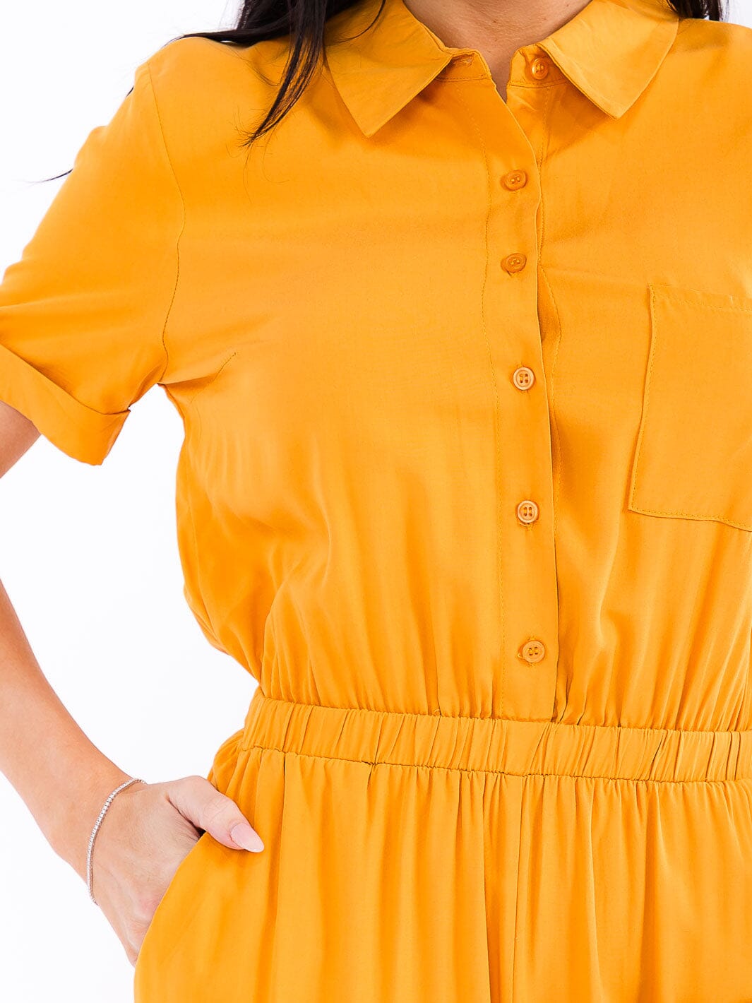 WOMEN'S SHORT SLEEVE BUTTON UP POCKETS WIDE LEG JUMPSUIT