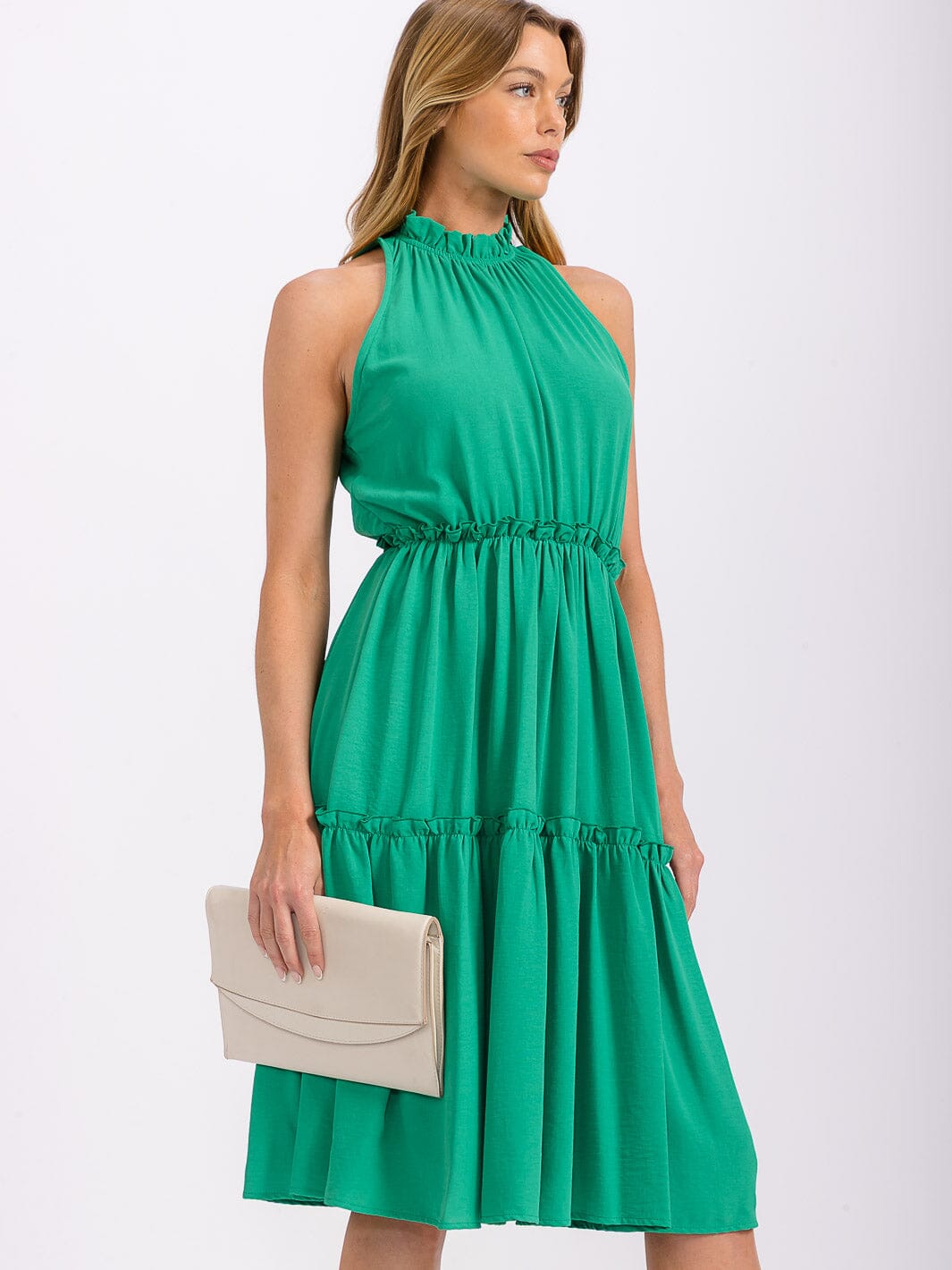 WOMEN'S SLEEVELESS MOCK NECK ELASTIC WAIST TIERED MIDI DRESS