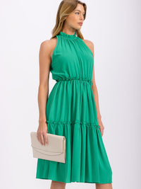 WOMEN'S SLEEVELESS MOCK NECK ELASTIC WAIST TIERED MIDI DRESS