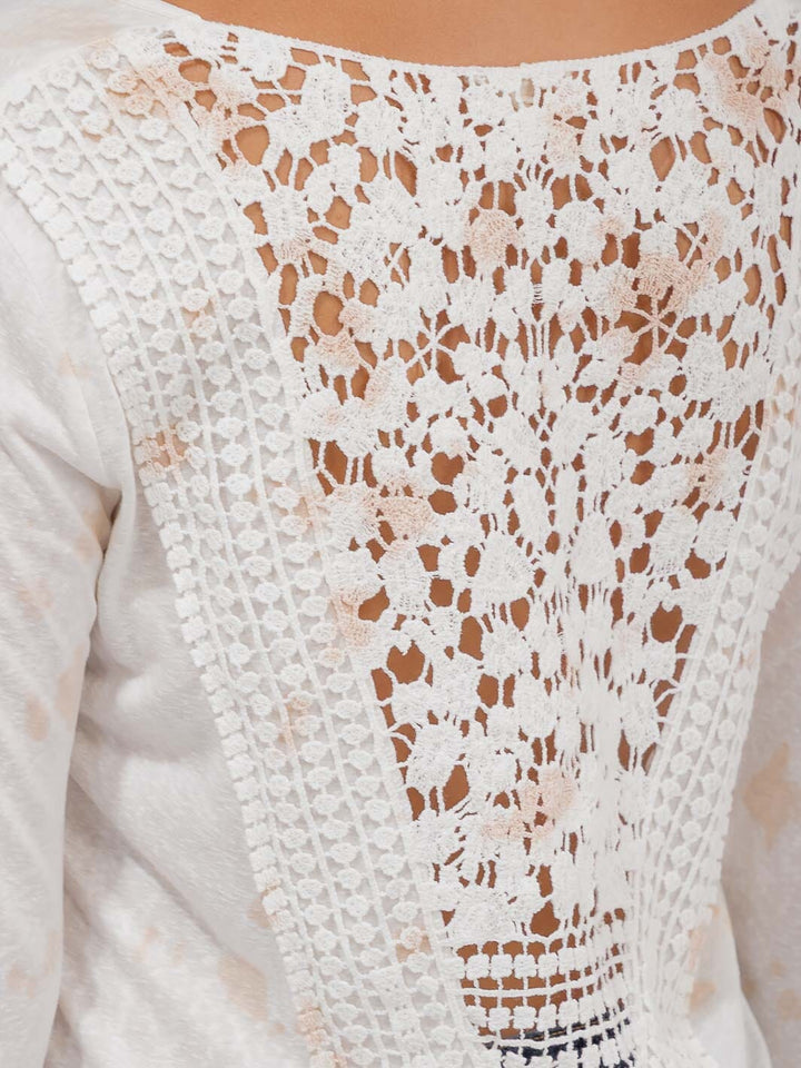 WOMEN'S LONG SLEEVE V-NECK BACK CROCHET DETAILED TIE DYE TOP