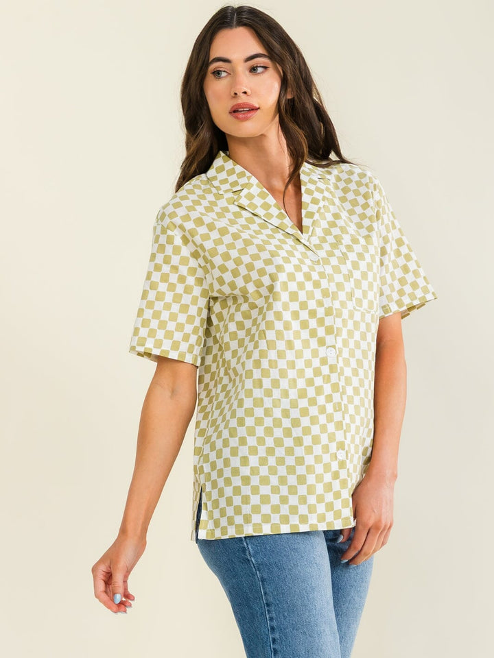WOMEN'S SHORT SLEEVE BUTTON UP FRONT POCKETS CHECKER PRINT LINEN TOP