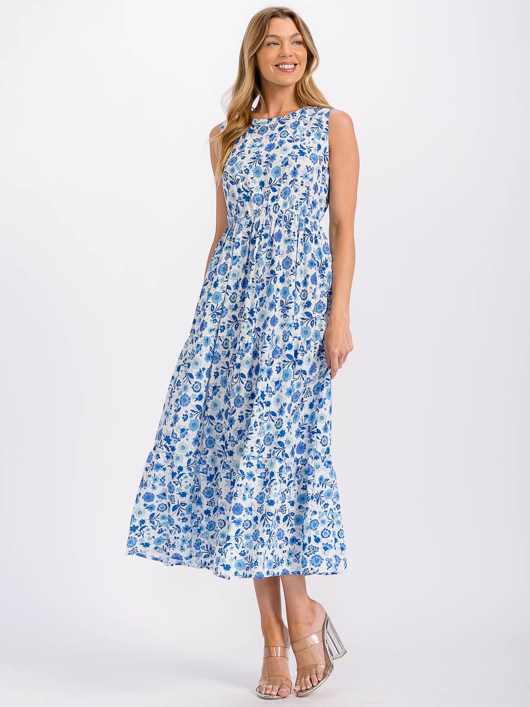 WOMEN'S SLEEVELESS ELASTIC WAIST FLORAL MAXI DRESS