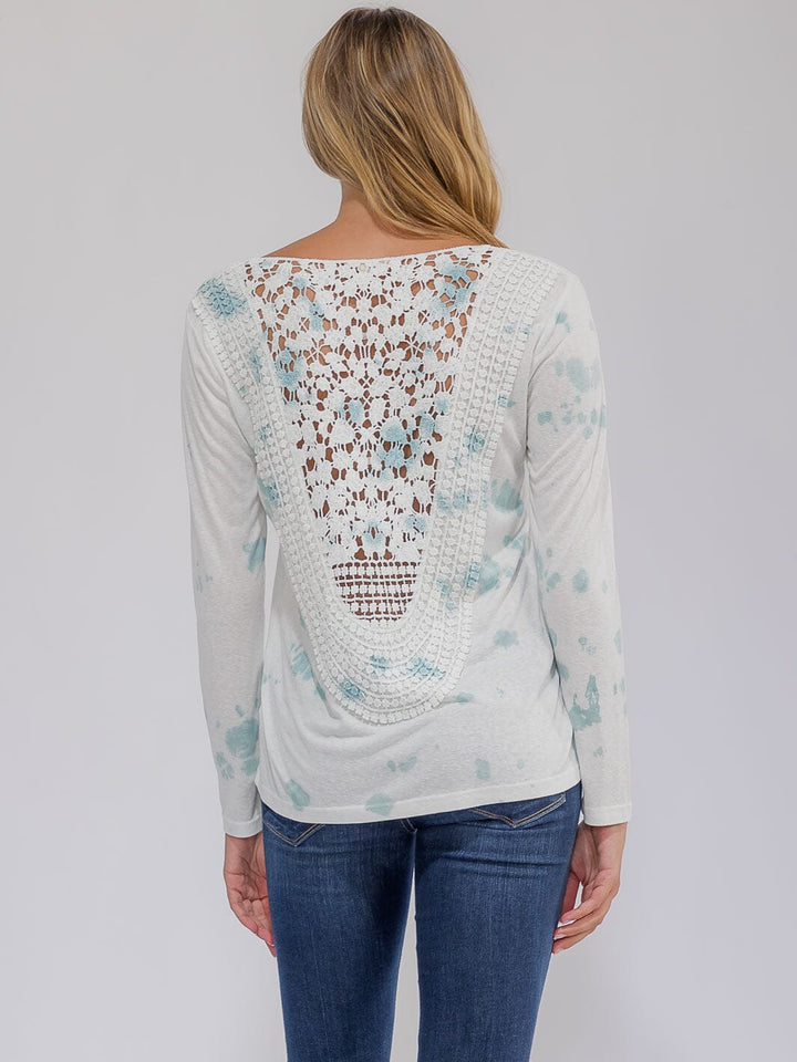WOMEN'S LONG SLEEVE V-NECK BACK CROCHET DETAILED TIE DYE TOP