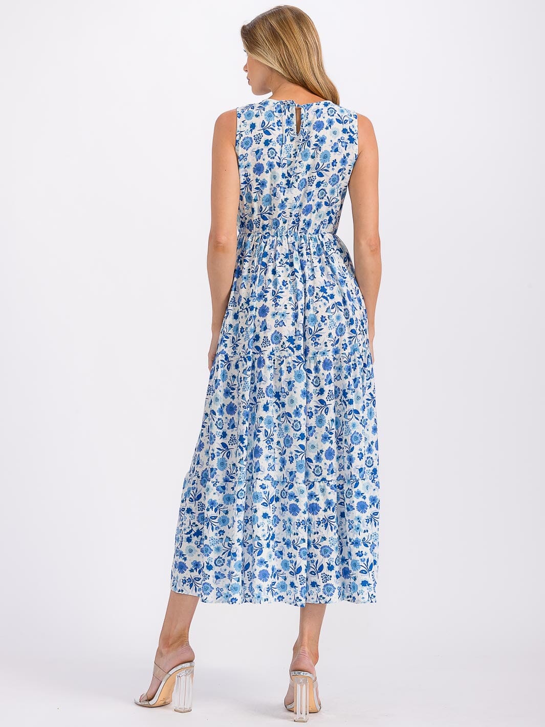 WOMEN'S SLEEVELESS ELASTIC WAIST FLORAL MAXI DRESS