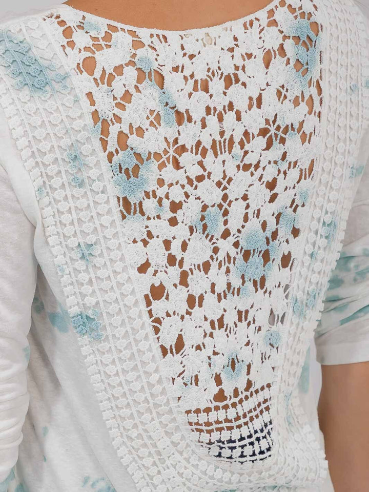 WOMEN'S LONG SLEEVE V-NECK BACK CROCHET DETAILED TIE DYE TOP