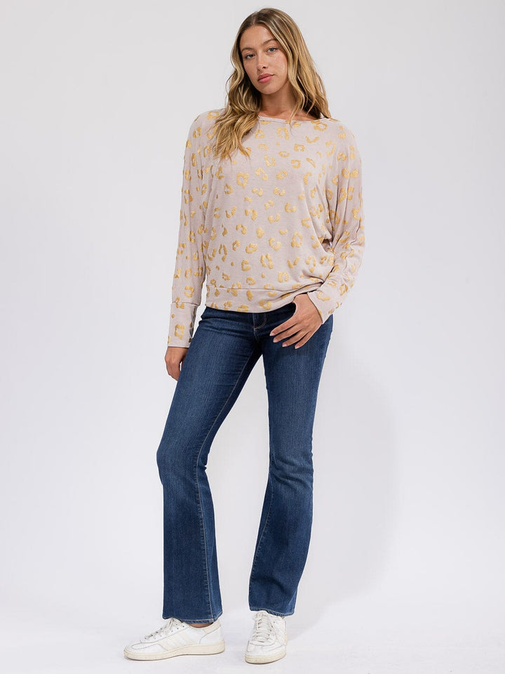 WOMEN'S LONG SLEEVE SHIMMER ANIMAL PRINT TOP