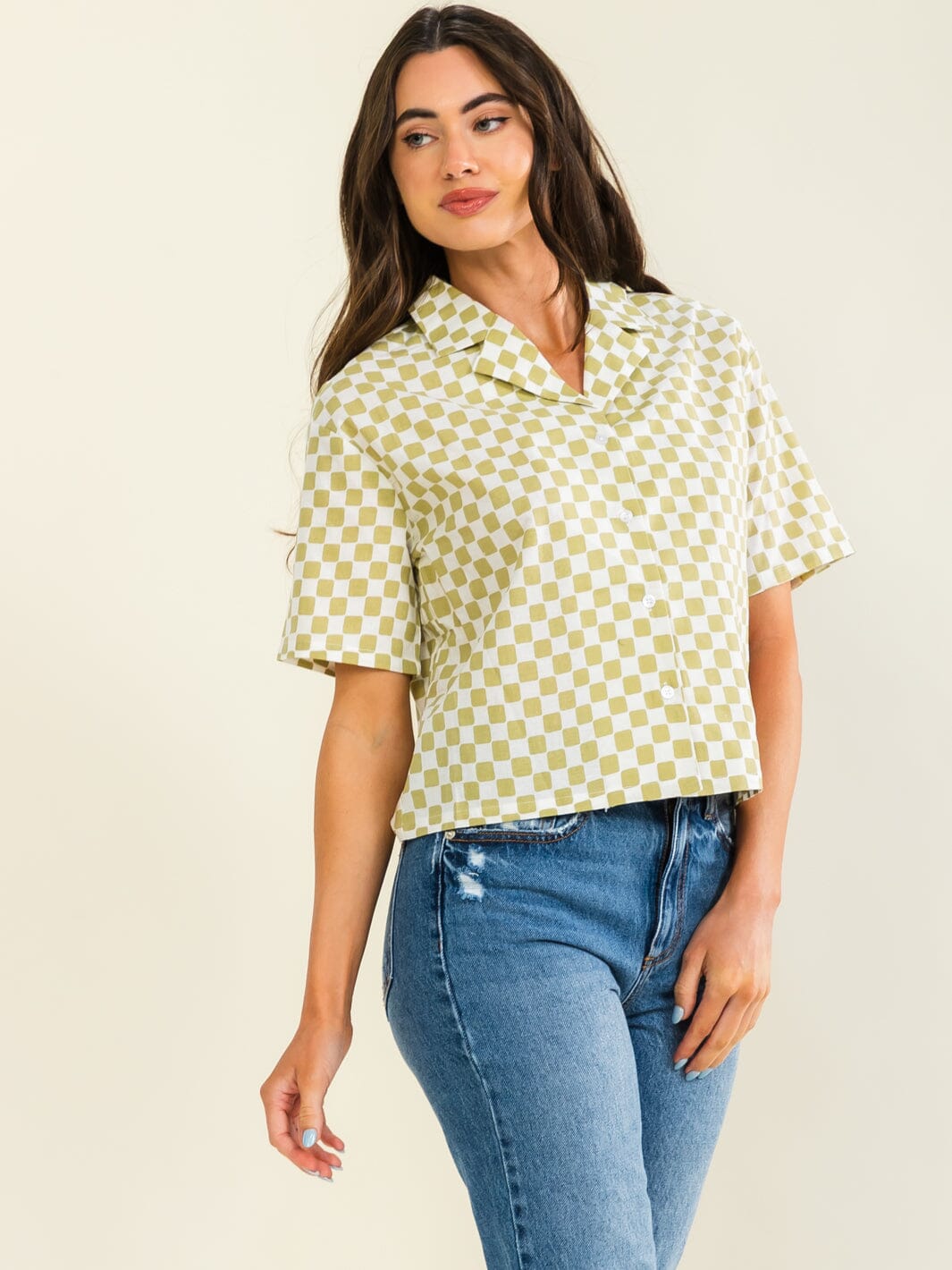 WOMEN'S SHORT SLEEVE BUTTON UP CHECKER PRINT LINEN TOP