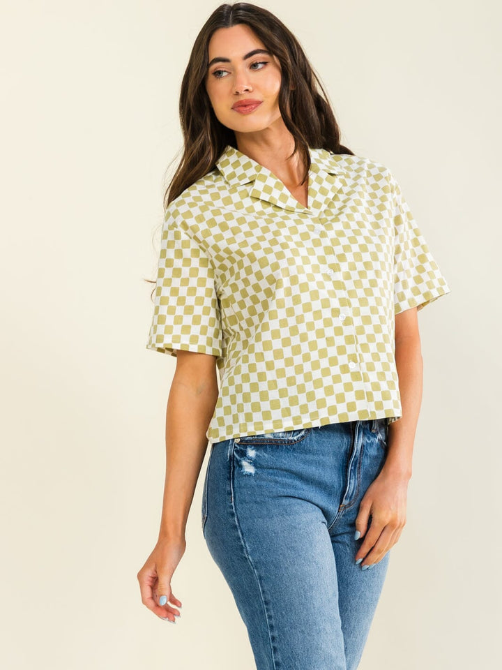 WOMEN'S SHORT SLEEVE BUTTON UP CHECKER PRINT LINEN TOP
