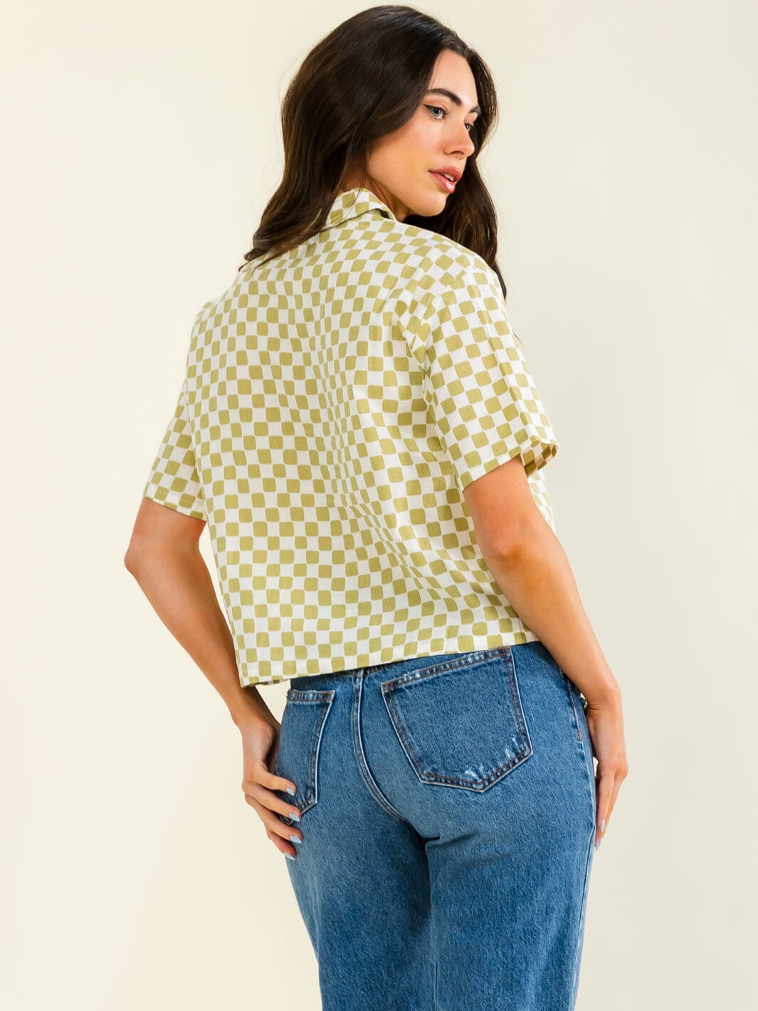 WOMEN'S SHORT SLEEVE BUTTON UP CHECKER PRINT LINEN TOP