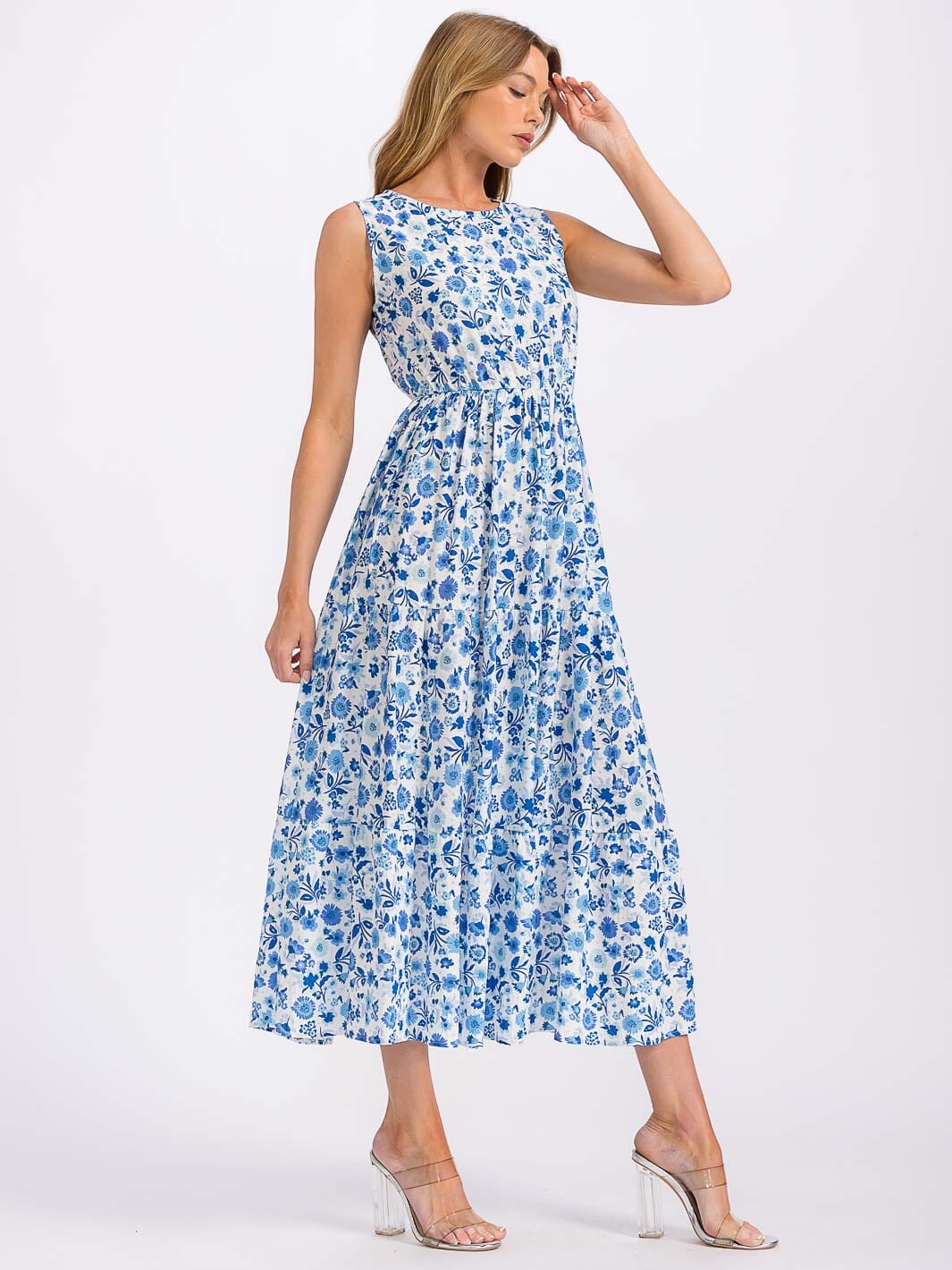 WOMEN'S SLEEVELESS ELASTIC WAIST FLORAL MAXI DRESS