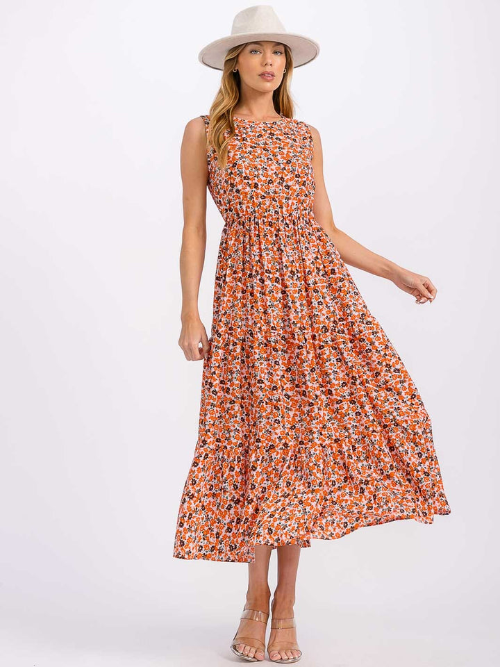 WOMEN'S SLEEVELESS ELASTIC WAIST TIERED FLORAL MAXI DRESS