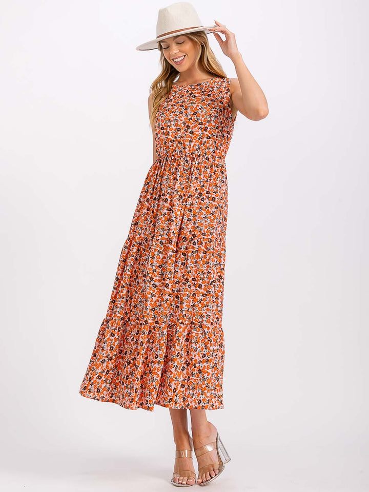 WOMEN'S SLEEVELESS ELASTIC WAIST TIERED FLORAL MAXI DRESS