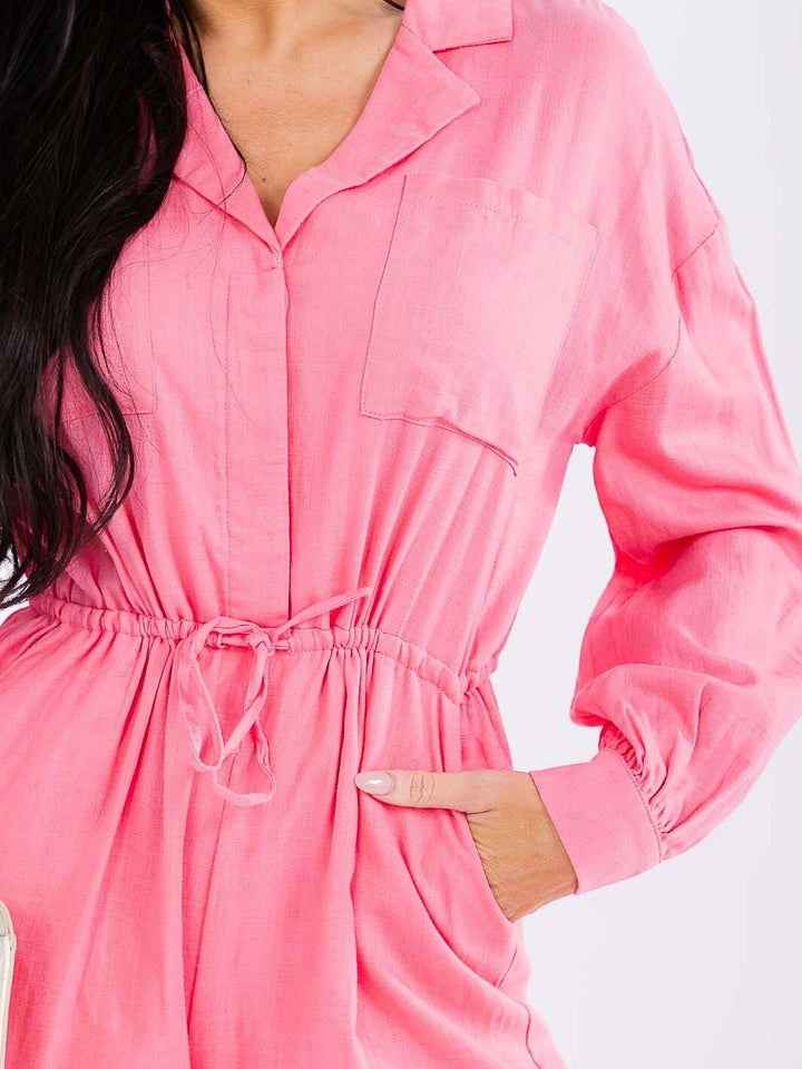 WOMEN'S LONG SLEEVE BUTTON UP ADJUSTABLE WAIST POCKETS ROMPER