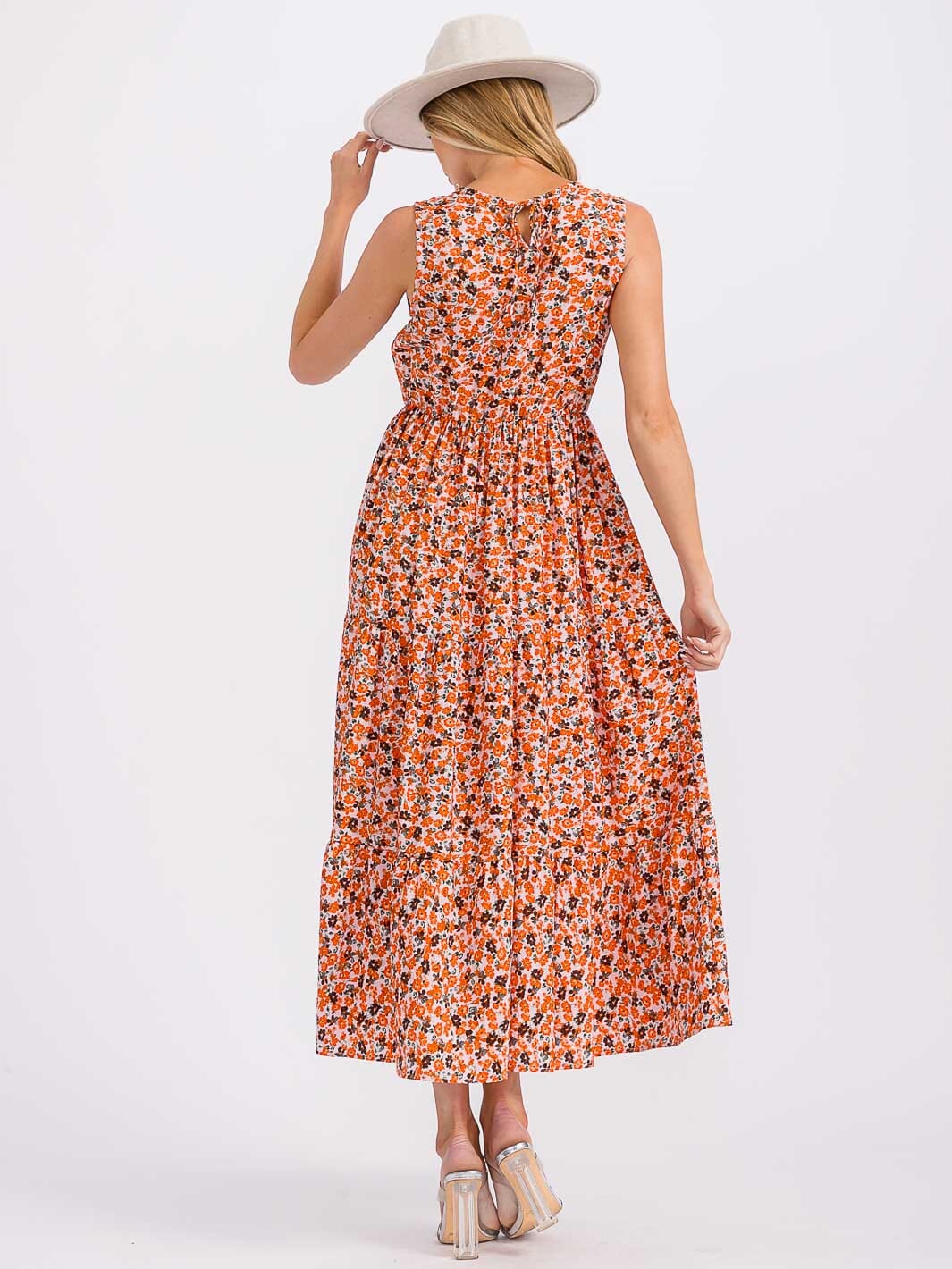 WOMEN'S SLEEVELESS ELASTIC WAIST TIERED FLORAL MAXI DRESS