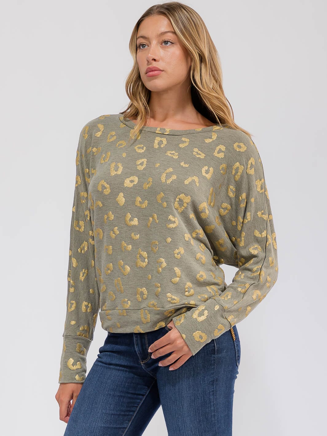 WOMEN'S LONG SLEEVE SHIMMER ANIMAL PRINT TOP