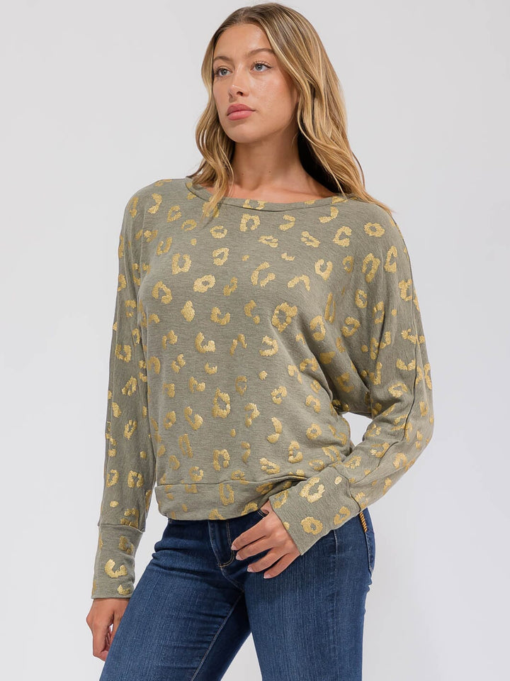 WOMEN'S LONG SLEEVE SHIMMER ANIMAL PRINT TOP