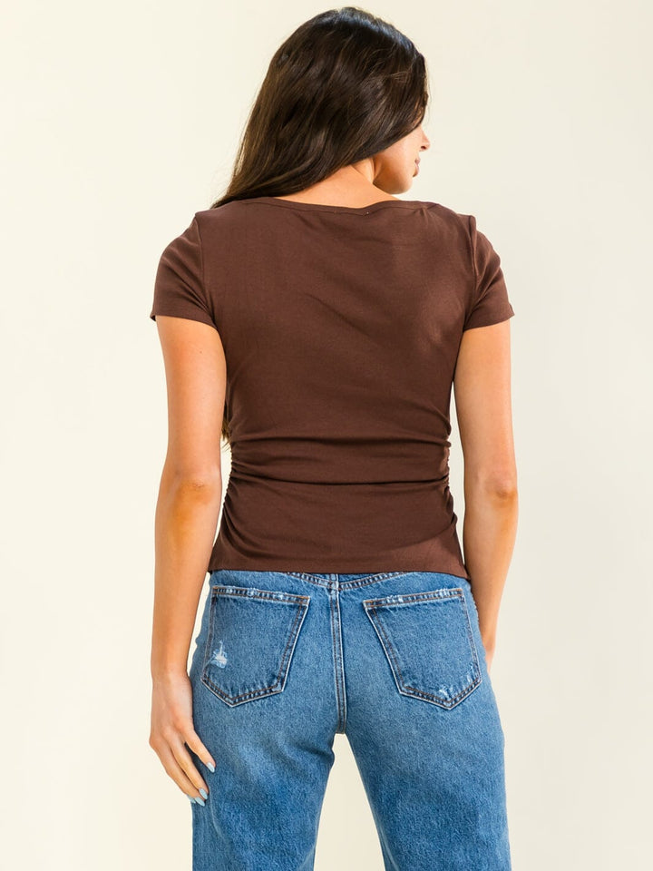 *******WOMEN'S SHORT SLEEVE SIDE RUCHED BASIC TOP