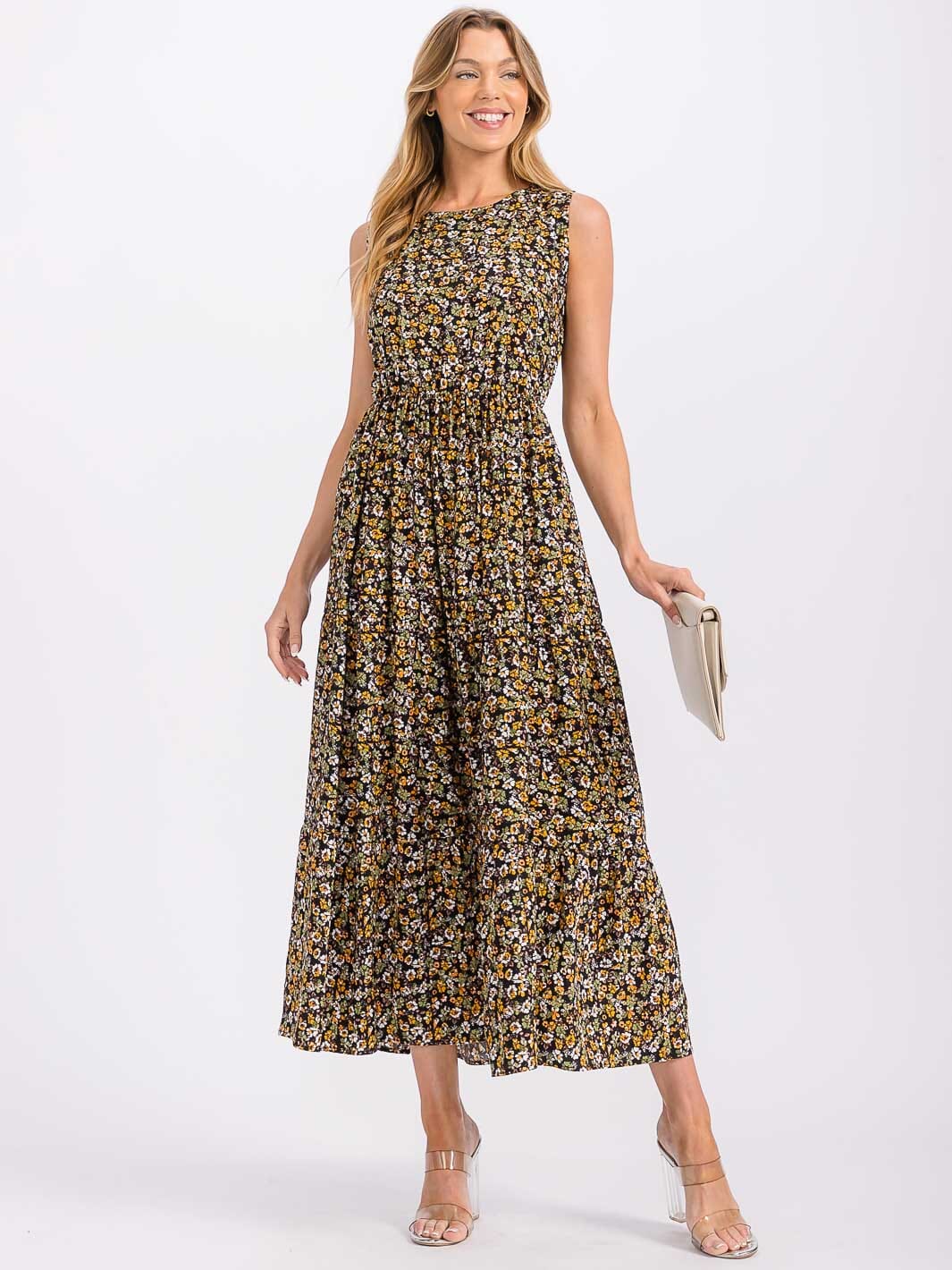 WOMEN'S SLEEVELESS ELASTIC WAIST TIERED FLORAL MAXI DRESS