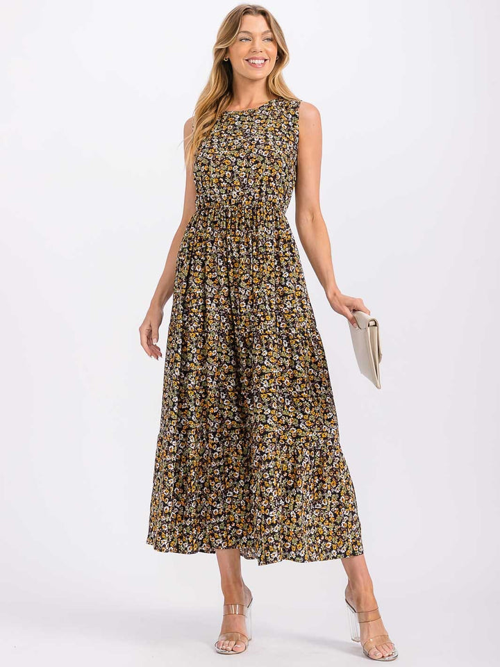 WOMEN'S SLEEVELESS ELASTIC WAIST TIERED FLORAL MAXI DRESS