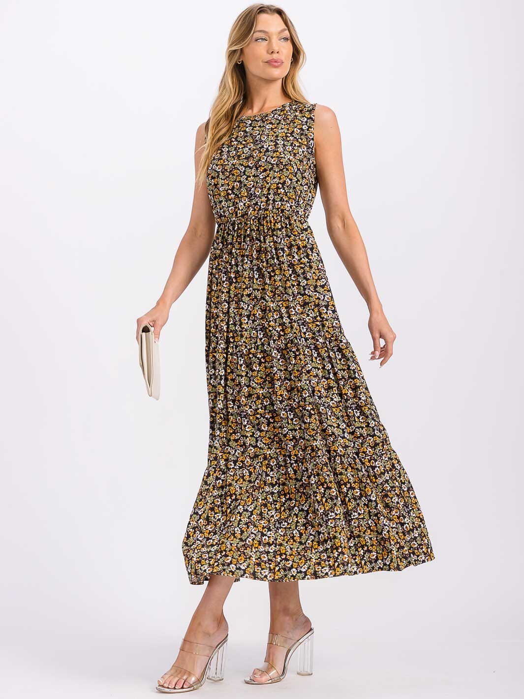 WOMEN'S SLEEVELESS ELASTIC WAIST TIERED FLORAL MAXI DRESS