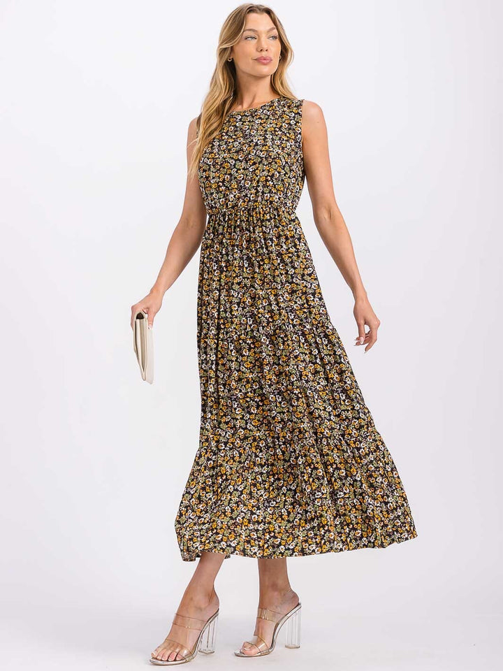 WOMEN'S SLEEVELESS ELASTIC WAIST TIERED FLORAL MAXI DRESS